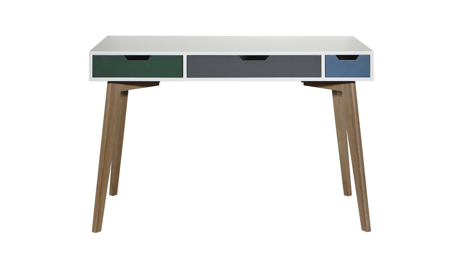 Schreibtisch Actona aus MDF Holz in Weiß Schreibtisch im Retro-Look bzw. Arbeitstisch weiß & farbig lackierte Oberflächen, Massivholzfüße – Breite ca. 120 cm