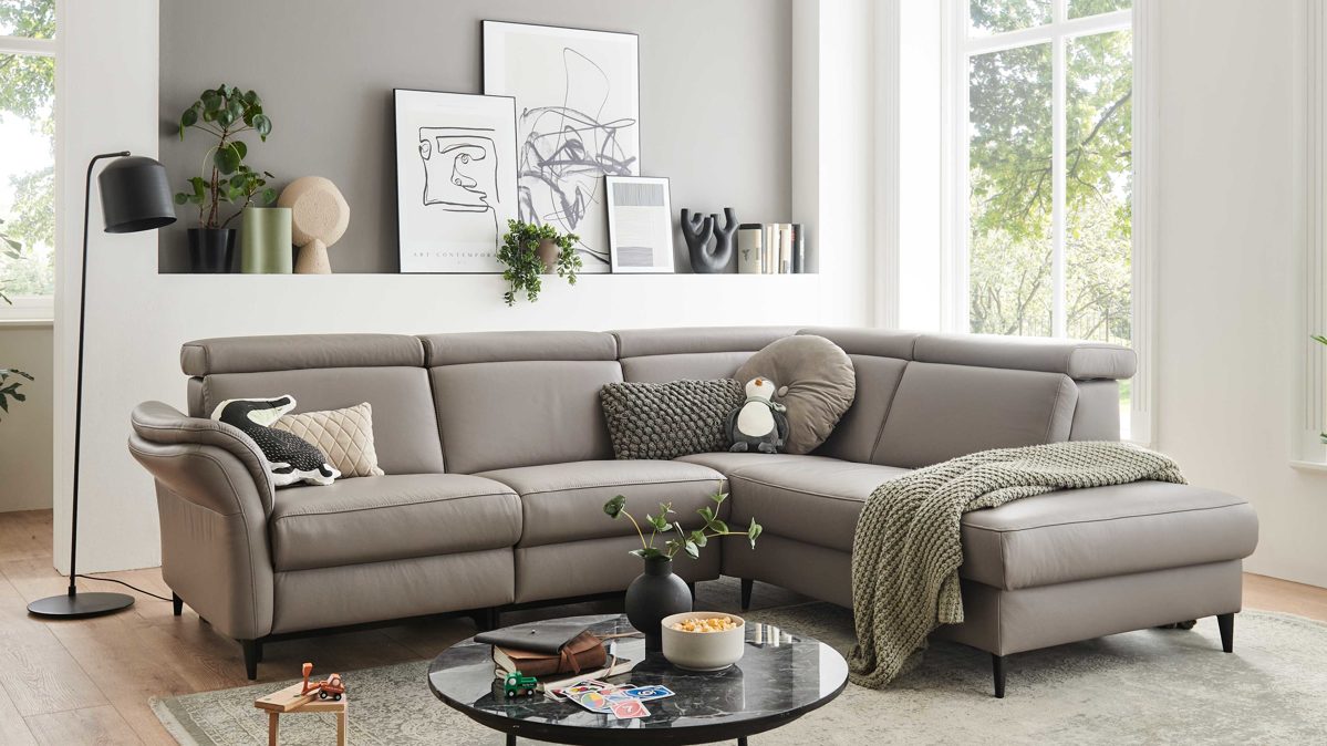 Ecksofa modulmaster aus Leder in Grau Modulmaster MM-PN1209 - Ecksofa granitfarbenes Leder Torro & schwarze Metallfüße – Stellfläche ca. 257 x 209 cm