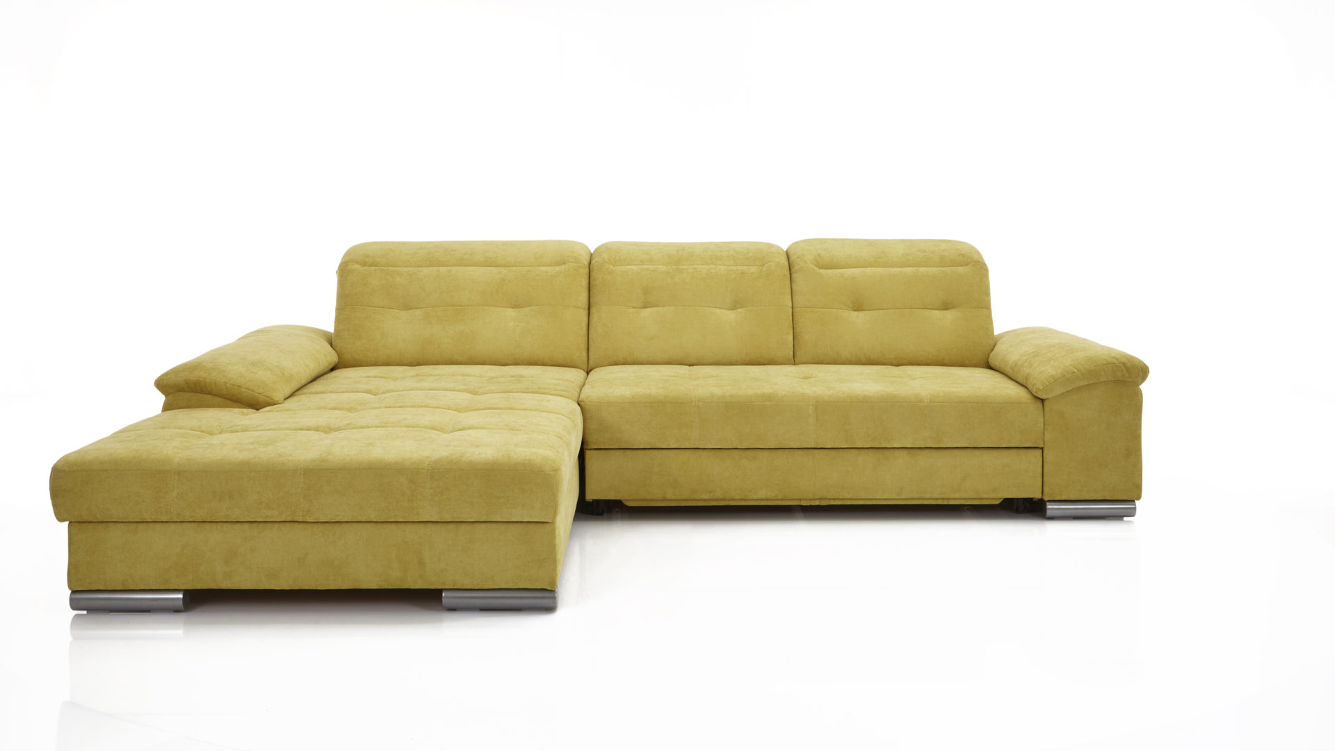 Ecksofa Iwaniccy aus Stoff in Gelb Funktions-Polsterecke bzw. Ecksofa curryfarbener Bezug Moon 40 & Metallfüße – Schenkelmaß ca. 302 x 208 cm