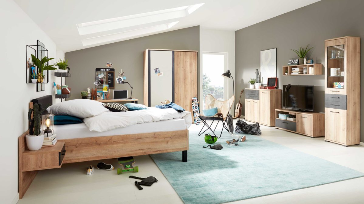 Jugendzimmer Interliving aus Holz in Holzfarben Interliving Jugendzimmer Serie 1701 - Komplettzimmer Risseiche & Schiefer anthrazit