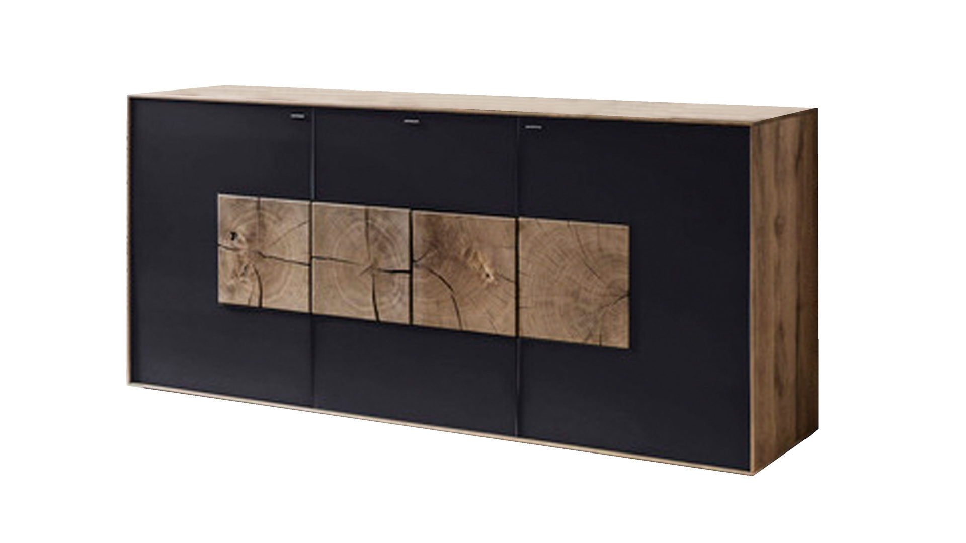 Sideboard Hartmann aus Holz in Grau Sideboard als Massivholzmöbel anthrazitfarbenes Mattglas & Kerneiche – drei Türen, eine Schublade