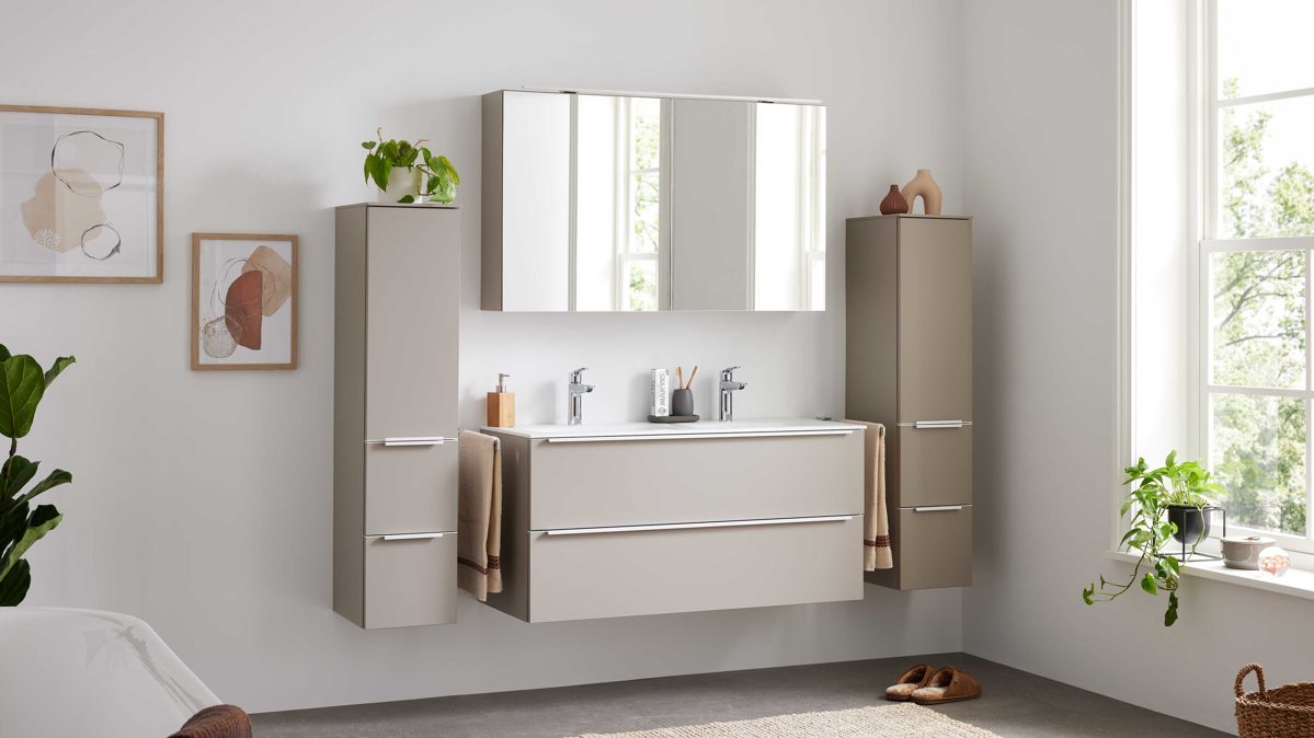 Badmöbel-Set Interliving aus Holz in Beige Interliving Bad Serie 3710 - Badmöbel-Set Macchiato & Weiß