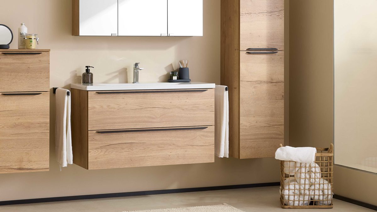 Waschtisch-Set / Waschbecken-Set Interliving aus Holz in Holzfarben Interliving Bad Serie 3730 - Waschplatzlösung mit Keramikbecken Eiche Sierra & Weiß - Länge ca. 100 cm