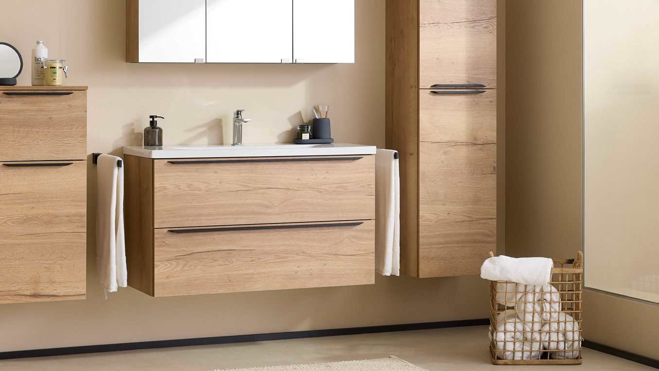 Waschtisch-Set / Waschbecken-Set Interliving aus Holz in Holzfarben Interliving Bad Serie 3730 - Waschplatzlösung mit Keramikbecken Eiche Sierra & Weiß - Länge ca. 100 cm