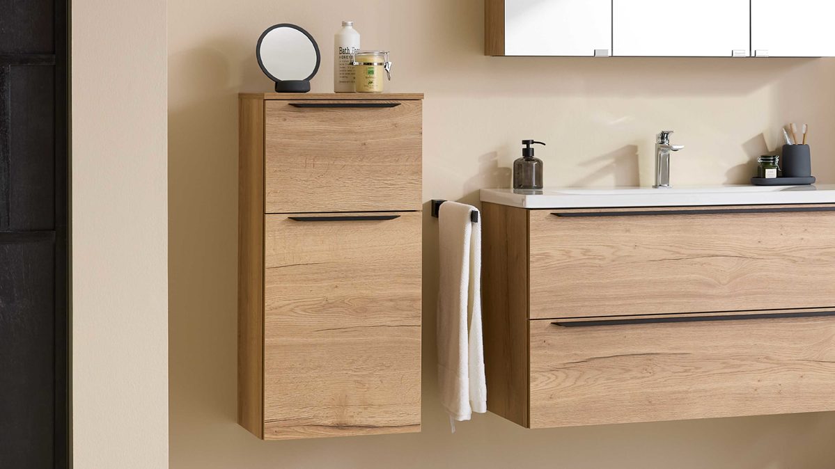 Hängeschrank Interliving aus Holz in Holzfarben Interliving Bad Serie 3715 - Hängeschrank Eiche Sierra - eine Tür & ein Auszug, Höhe ca. 86 cm