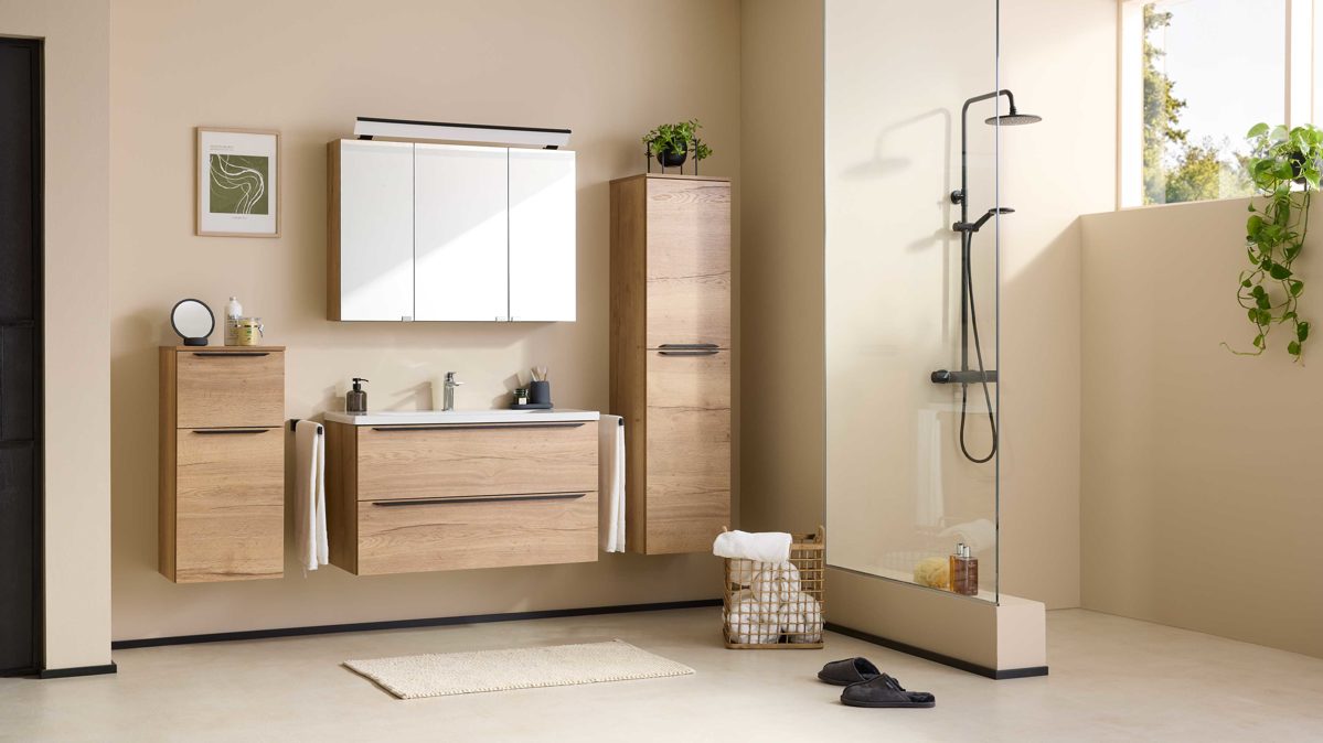 Badmöbel-Set Interliving aus Holz in Holzfarben Interliving Bad Serie 3715 - Badmöbel-Set mit Keramikbecken Eiche Sierra & Weiß