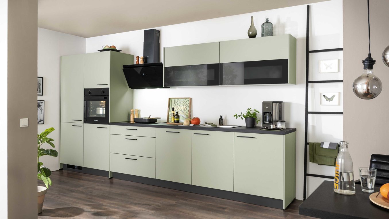 Einbauküche Express küchen aus Holz in Hellgrün EXPRESS KÜCHEN Einbauküche Clean mit Einbaugeräten Salbeigrün & Schwarz  - Länge ca. 390 cm