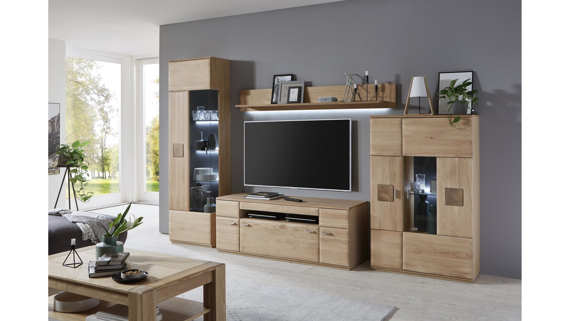 Wohnwand Mca furniture aus Holz in Holzfarben Wohnkombination biancofarbenes Eichenholz & Hirnholz – vierteilig, Breite ca. 320 cm