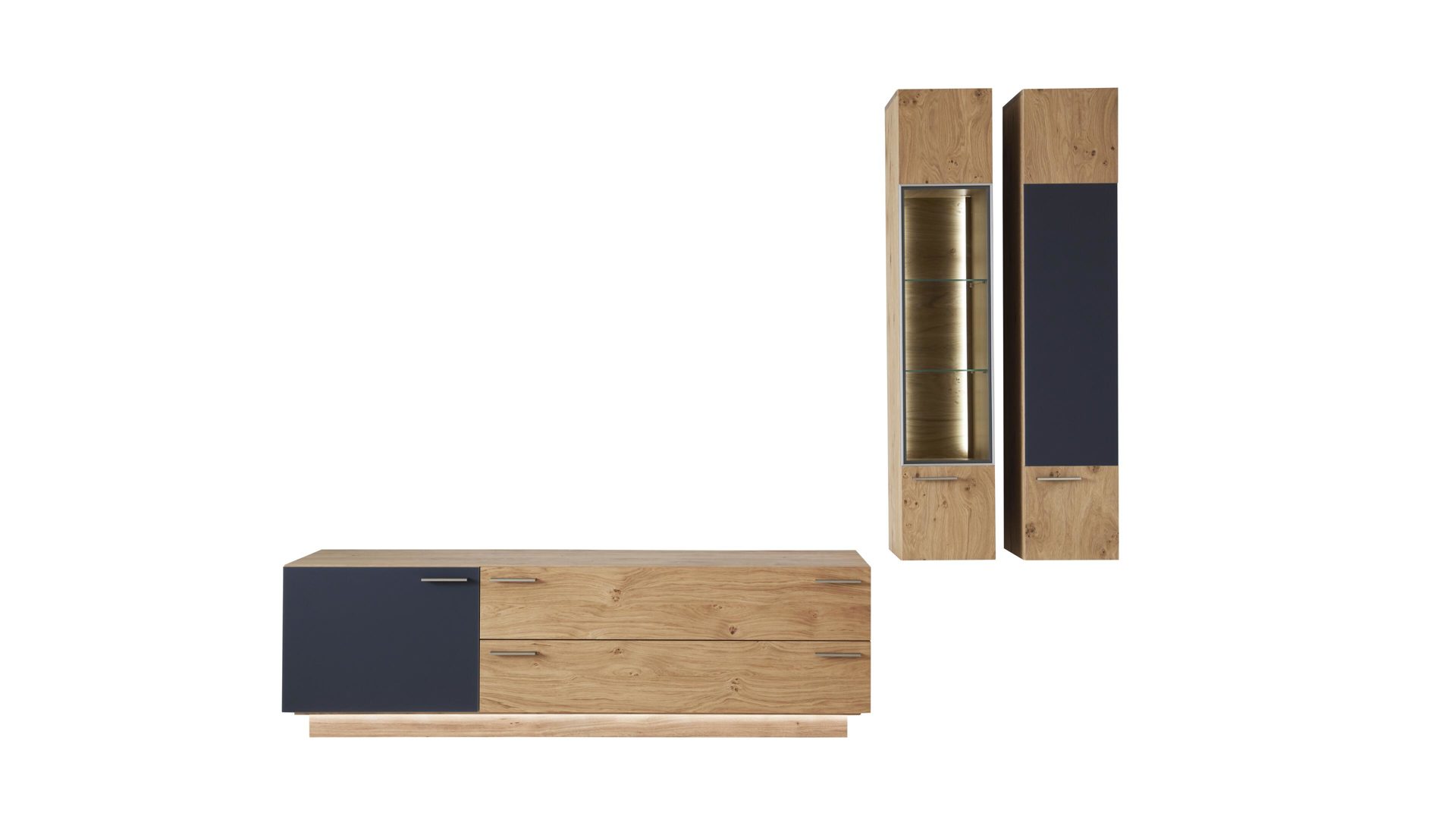Wohnwand Schröder wohnmöbel aus Holz in Grau Wohnkombination schiefergraues Satinglas & Kernasteiche – dreiteilig
