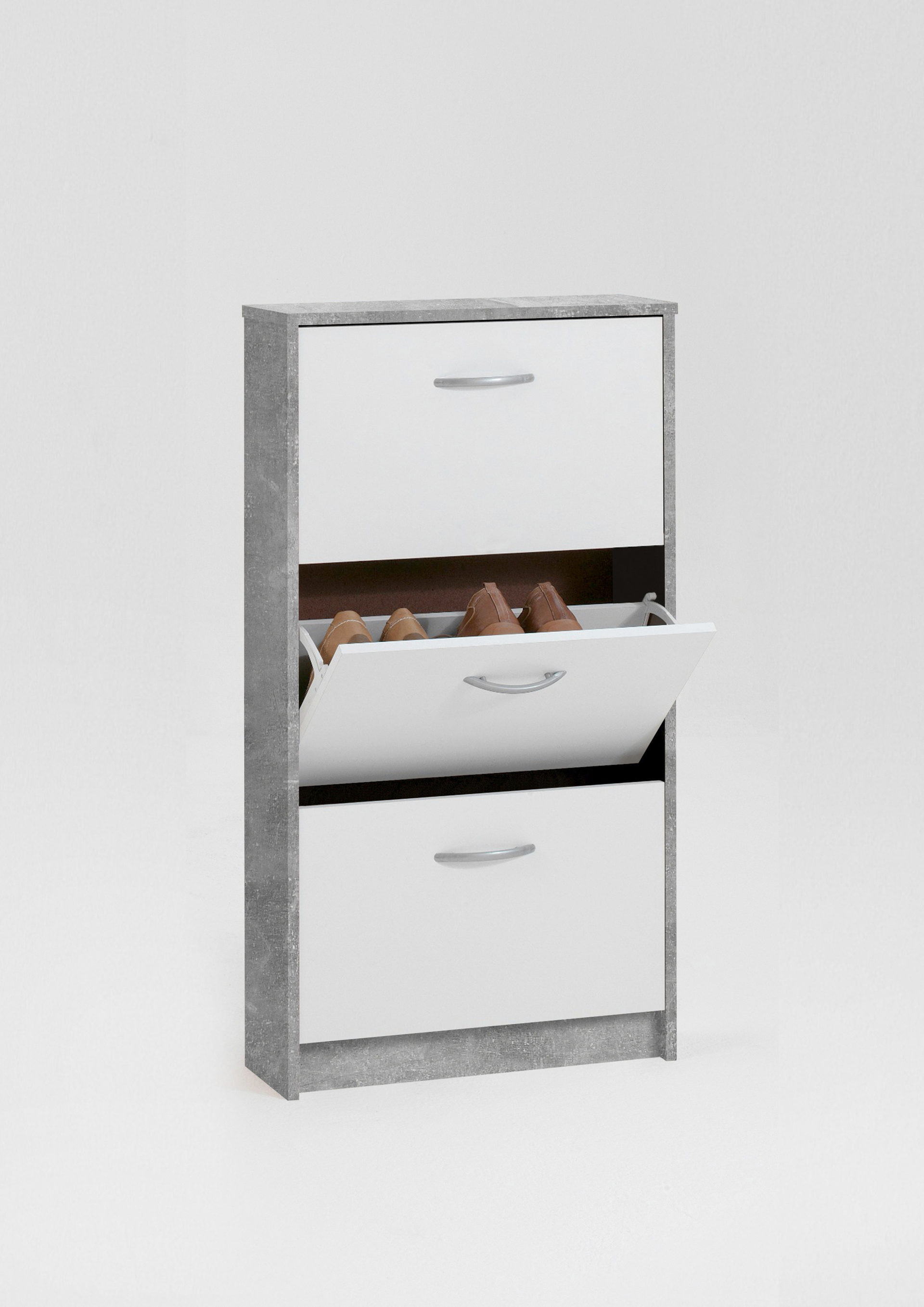Schuhkipper Fmd furniture aus Holz in Grau Schuhkipper bzw. Schuhschrank betonfarbene & weiße Kunststoffoberflächen – drei Klappen