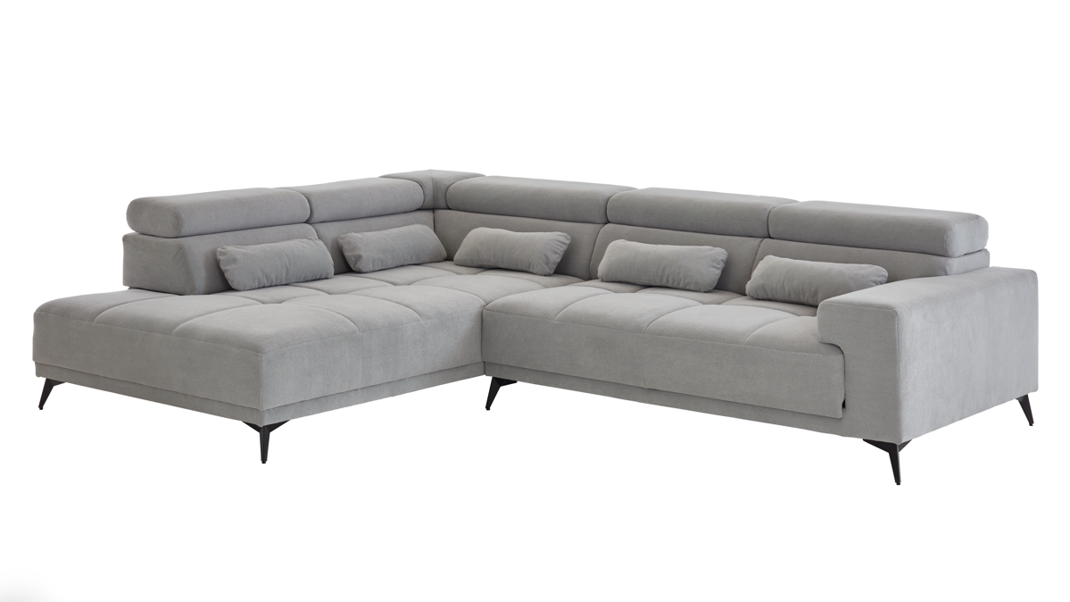 Ecksofa A. z. iwaniccy aus Stoff in Hellgrau Polsterprogramm Wave 2.0 - Funktions-Ecksofa hellgrauer Chenillebezug Cristal 84 - Stellfläche ca. 229 x 314 cm