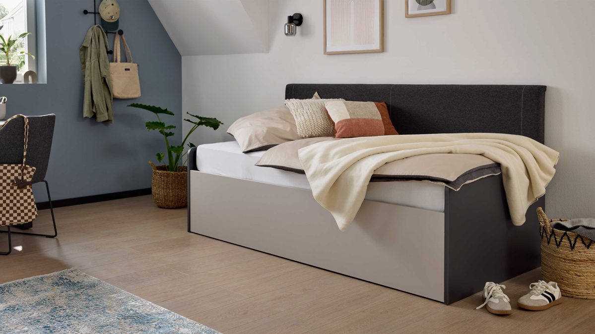 Funktionsbett Interliving aus Holz in Grau Interliving Jugendzimmer Serie 1701 - Funktionsbettgestell Dunkelgrau & Sandgrau - Liegefläche ca. 90 - 170 x 190 - 200 cm