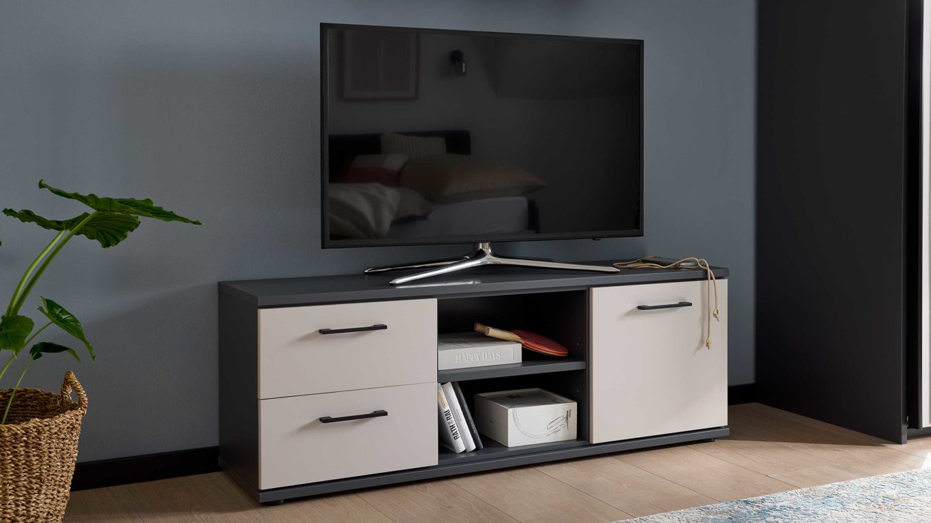 Lowboard Interliving aus Holz in Grau Interliving Jugendzimmer Serie 1701 - Lowboard Dunkelgrau & Sandgrau - zwei Schubladen, eine Tür