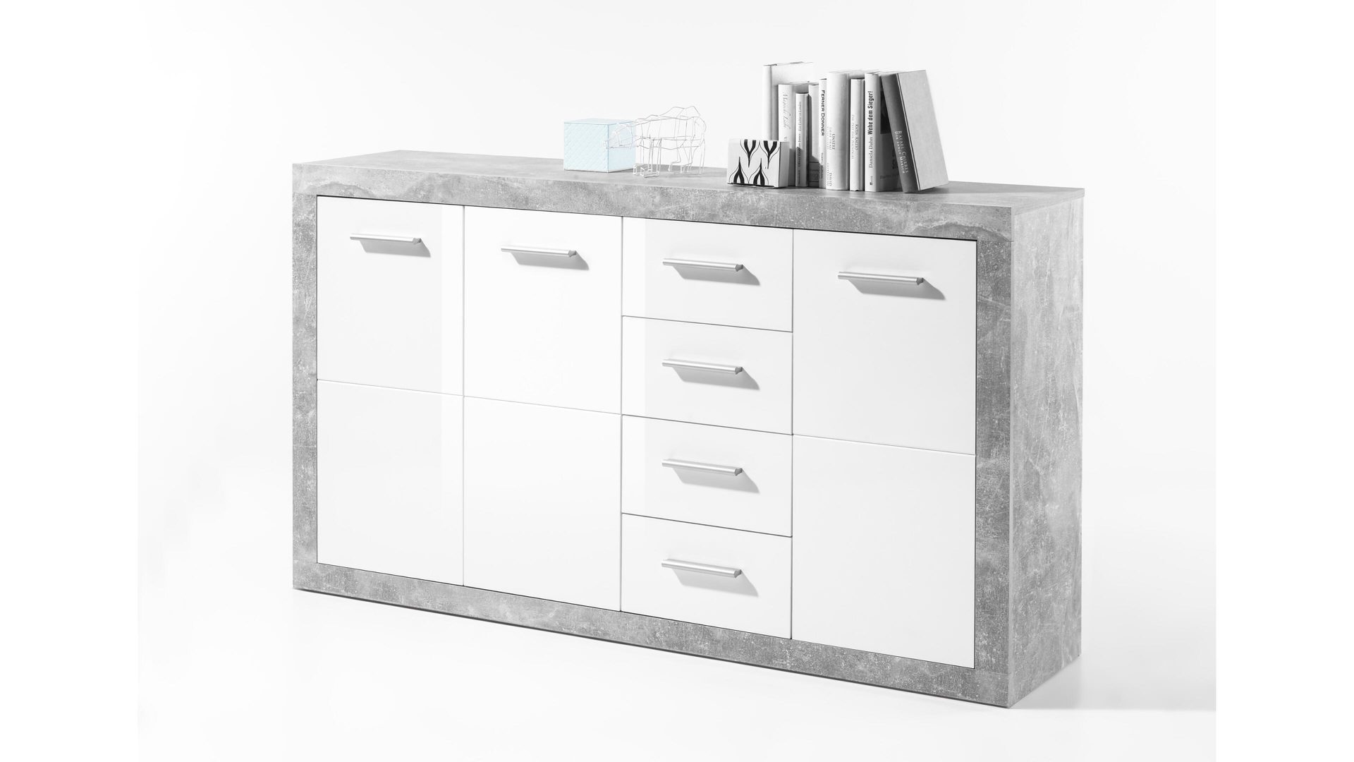 Sideboard Bega consult aus Holz in Weiß Sideboard betonfarbene & weiße Kunststoffoberflächen – drei Türen, vier Schubladen