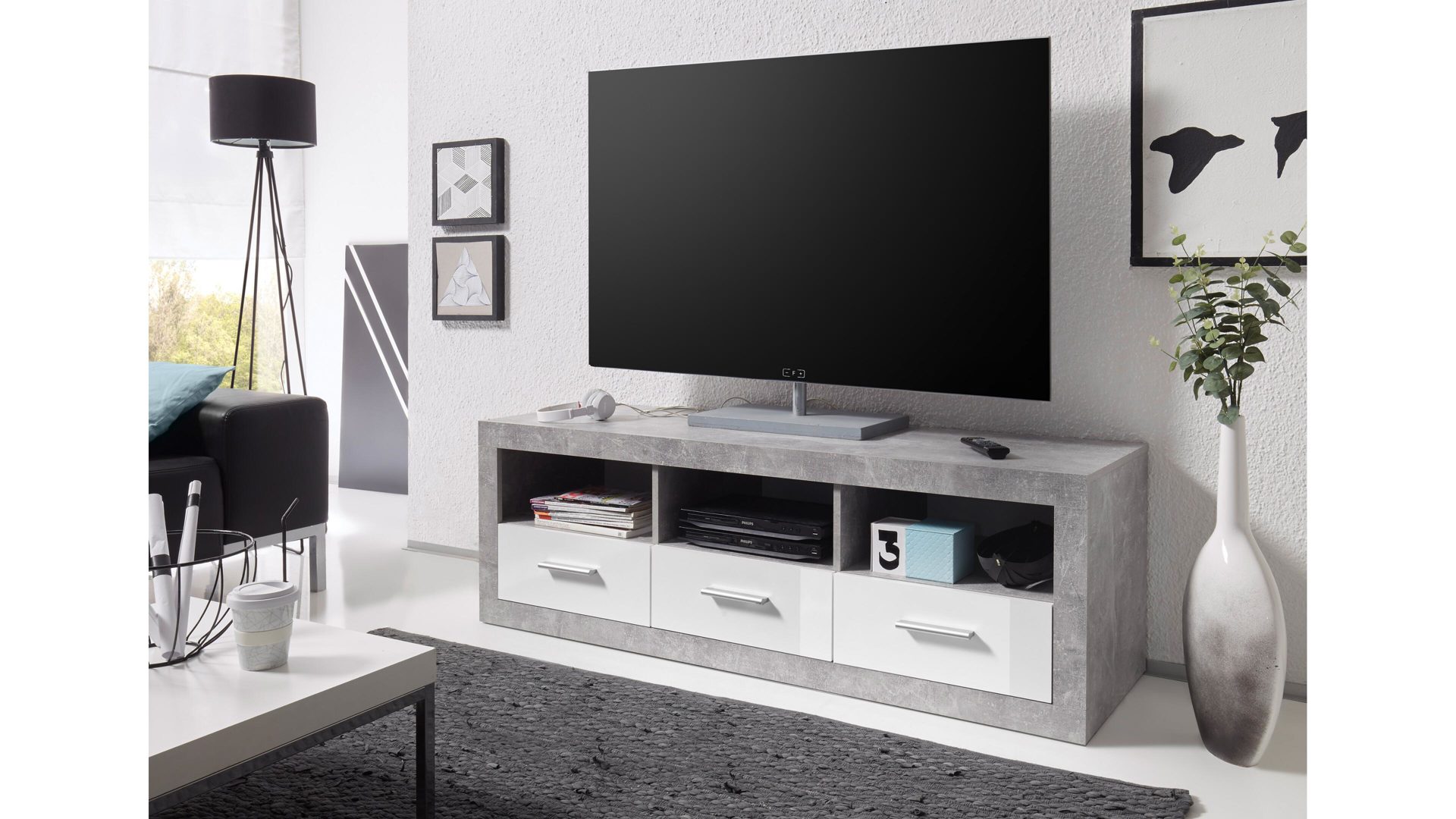Lowboard Bega consult aus Holz in Weiß Medienmöbel betonfarbene & weiße Kunststoffoberflächen – drei Schubladen, drei Fächer