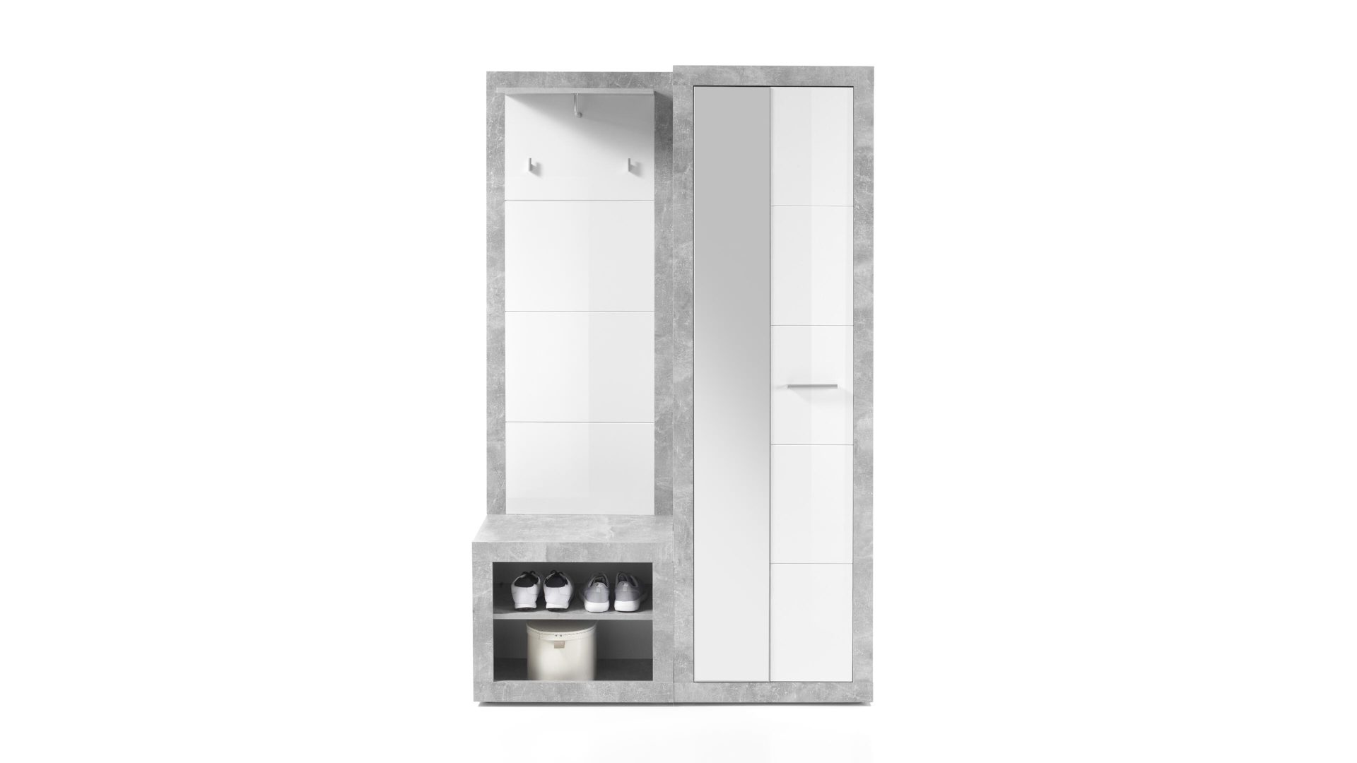 Garderoben-Set First look aus Holz in Weiß Kompaktgarderobe betonfarbene & weiße Kunststoffoberflächen – Breite ca. 120 cm
