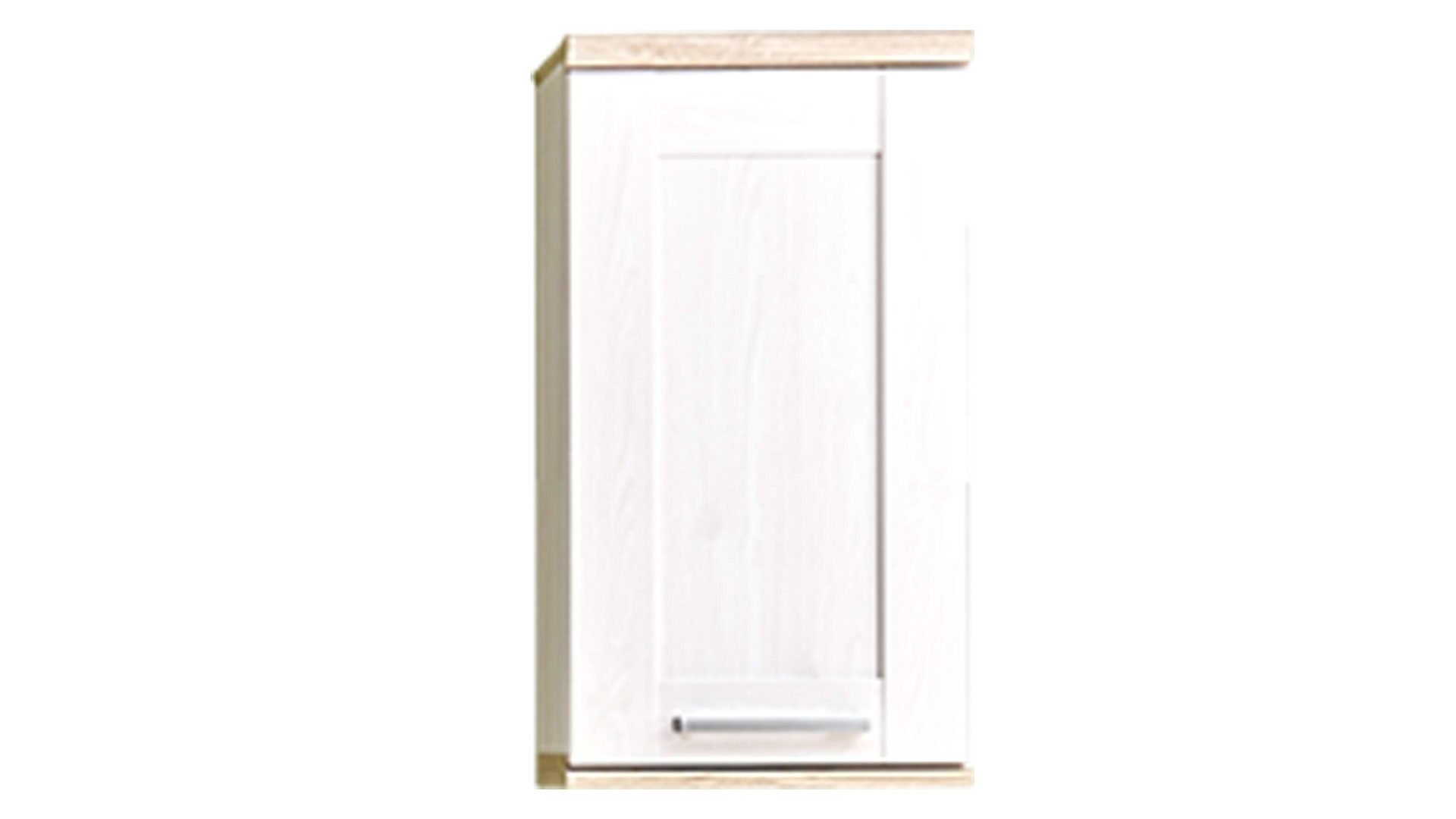 Hängeschrank Bega bbk aus Holz in Weiß Badezimmer-Hängeschrank Sibiu lärchefarbene & San Remo helle Kunststoffoberflächen – eine Tür