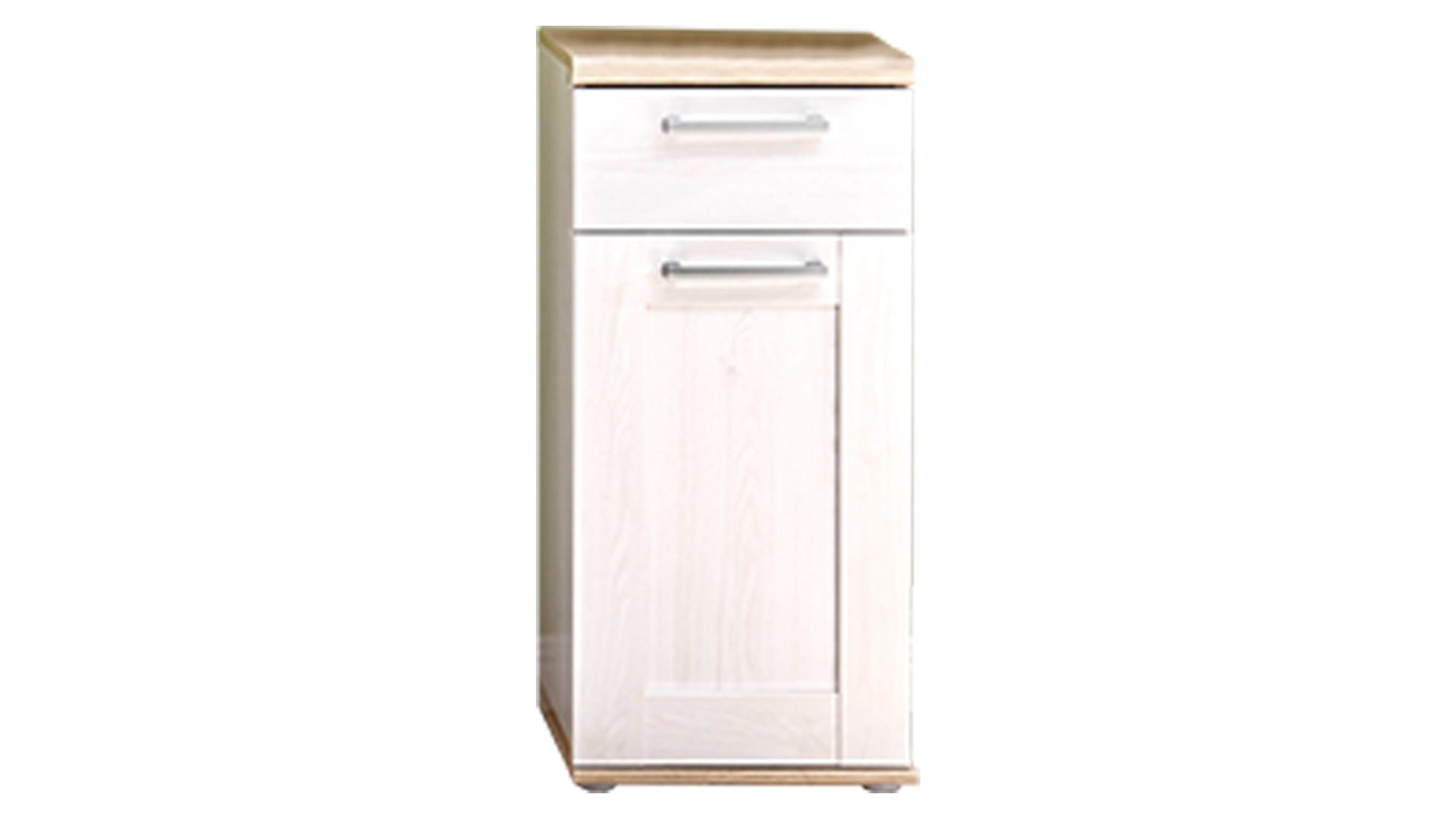 Unterschrank Bega bbk aus Holz in Weiß Badezimmer-Unterschrank Sibiu lärchefarbene & San Remo helle Kunststoffoberflächen – eine Tür, eine Schublade