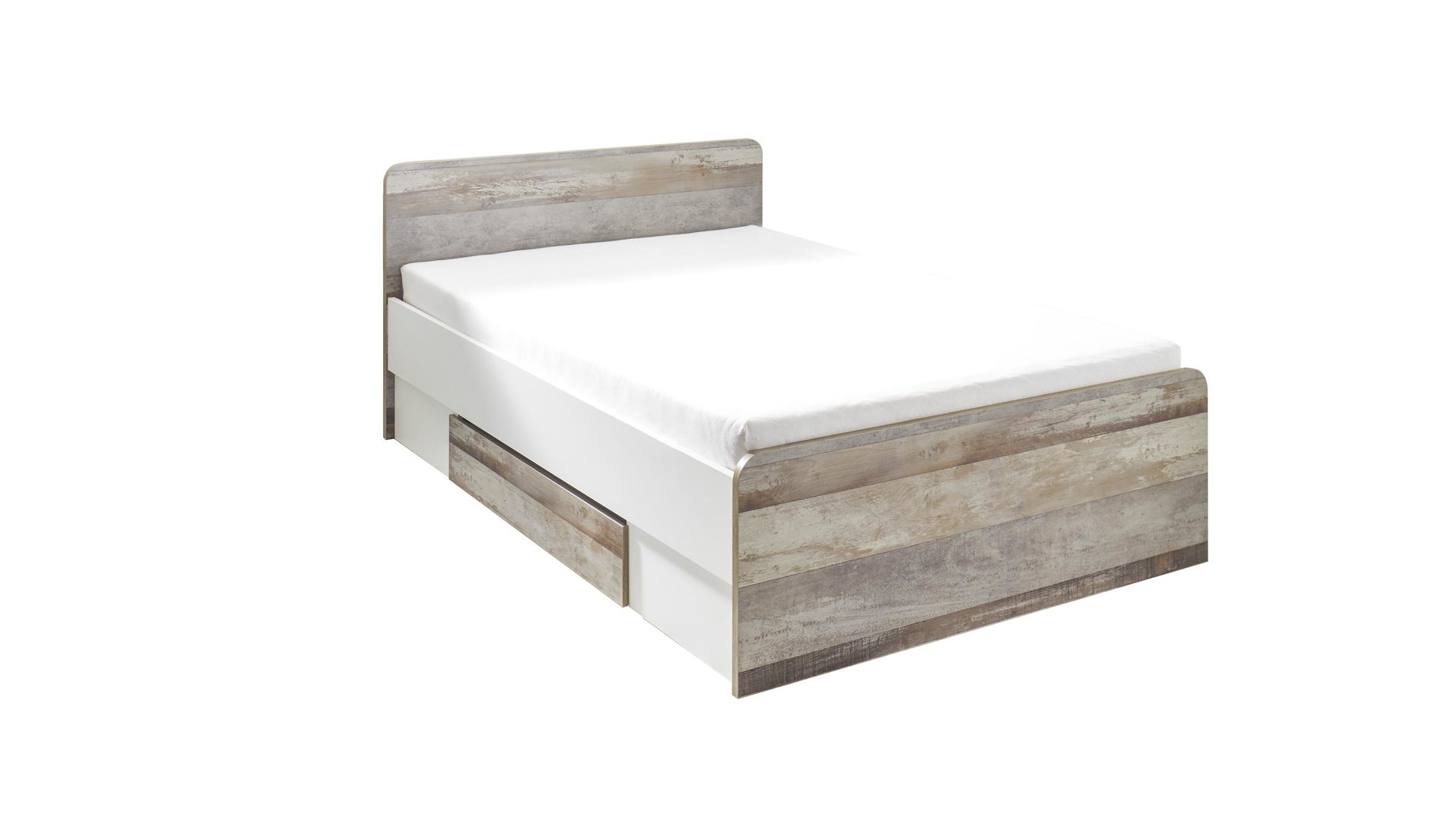 Einzelbett Begabino aus Holz in Holzfarben Bettgestell driftwoodfarbene & weiße Kunststoffoberflächen – Liegefläche ca. 140 x 200 cm