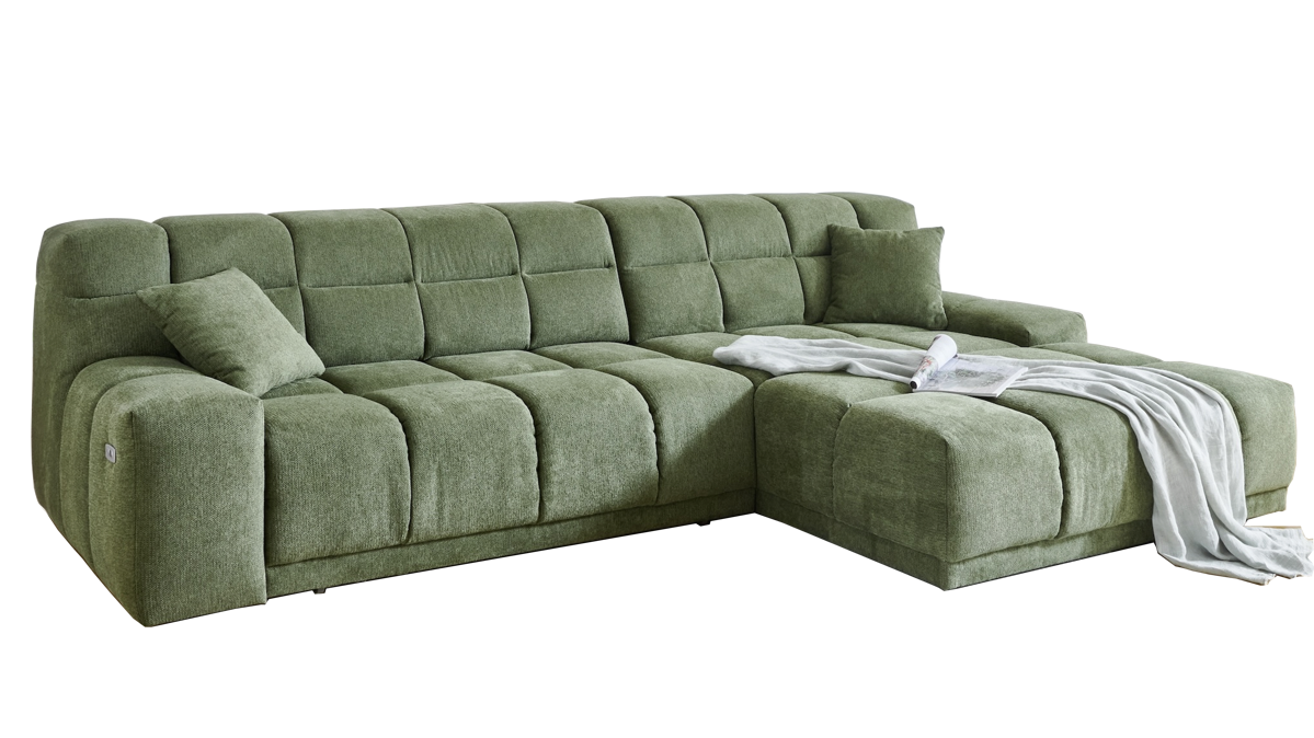 Ecksofa A. z. iwaniccy aus Stoff in Grün Polsterprogramm London - Funktions-Ecksofa grüner Chenillebezug Aragon 39 - Stellfläche ca. 309 x 196 cm