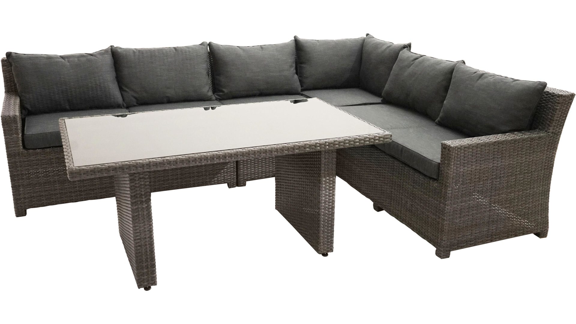 Lounge-Gruppe Ploß aus Kunststoff in Grau Ploß Loungegarnitur Rocking Basic - Loungemöbel grau-braun meliertes Polyrattan & anthrazitfarbene Polster – fünfteilig