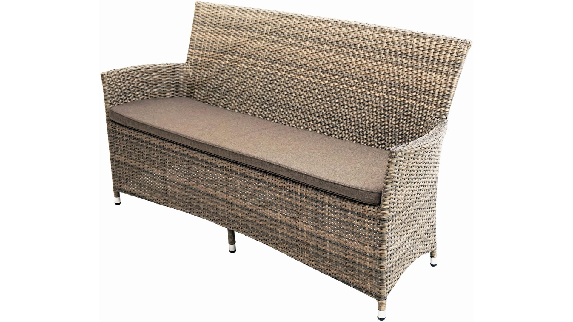 Gartenbank Ploß aus Kunststoff in Beige Ploß Geflecht-Gartenbank Rabida Basic als Terrassenmöbel champagnerfarben meliertes Polyrattan & savannafarbene Polster – Länge ca. 165 cm