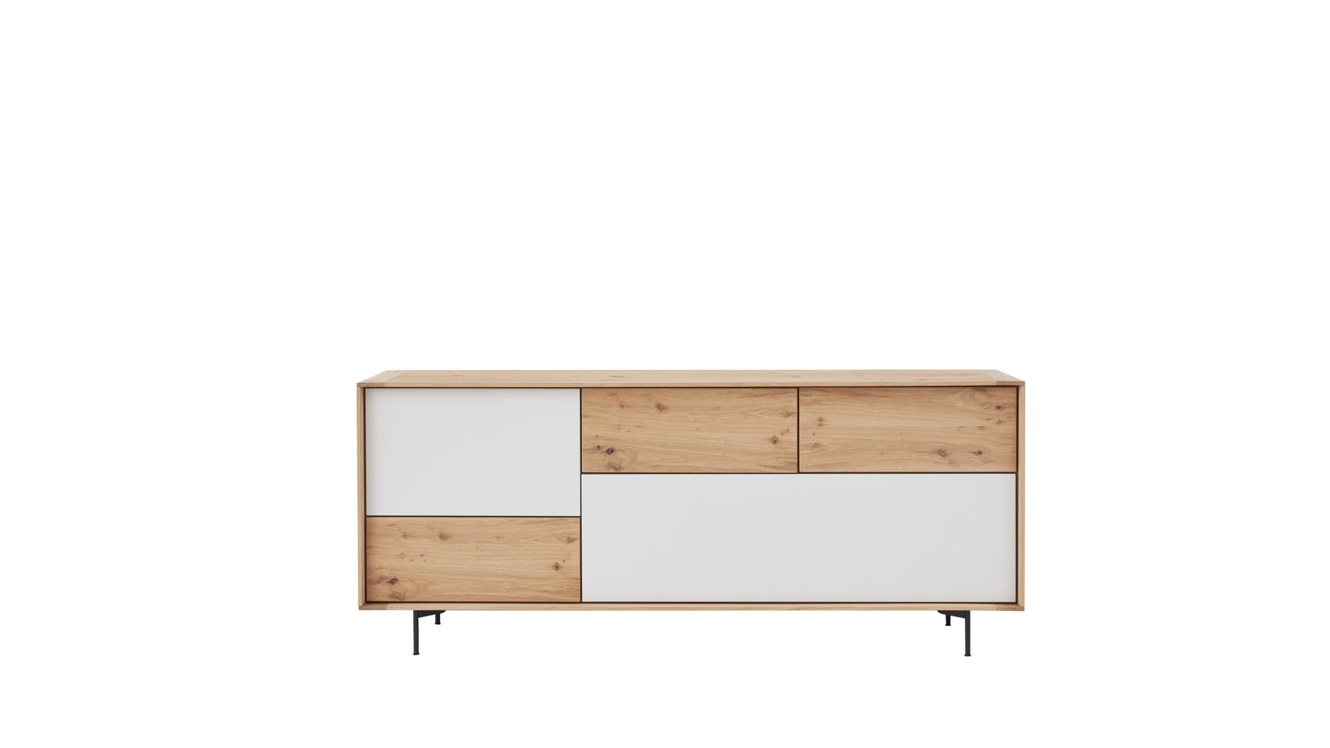 Sideboard Venjakob | il aus Holz in Weiß Interliving Esszimmer Serie 5602 – Sideboard helle Wildeiche & lichtgraue Lackoberflächen – zwei Klappen, drei Schubladen