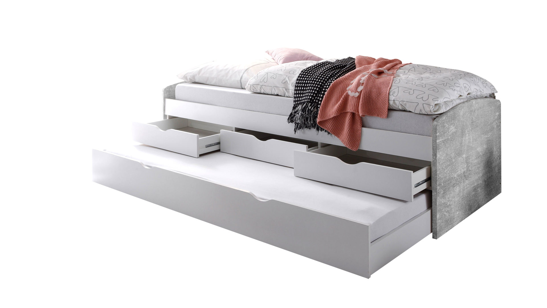 Funktionsbett Pol-power aus Holz in Grau Funktionsbettgesell betonfarbene & weiße Kunststoffoberflächen – Liegefläche ca. 90 x 200 cm