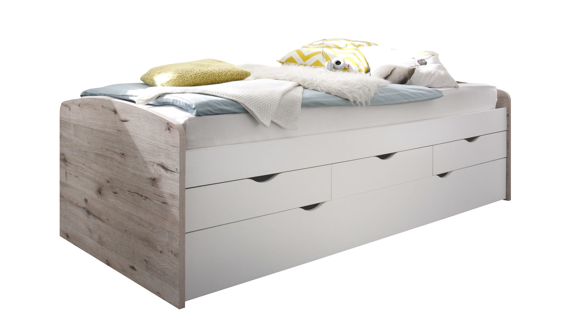 Funktionsbett Pol-power aus Holz in Holzfarben Funktionsbettgesell Sandeichefarbene & weiße Kunststoffoberflächen – Liegefläche ca. 90 x 200 cm