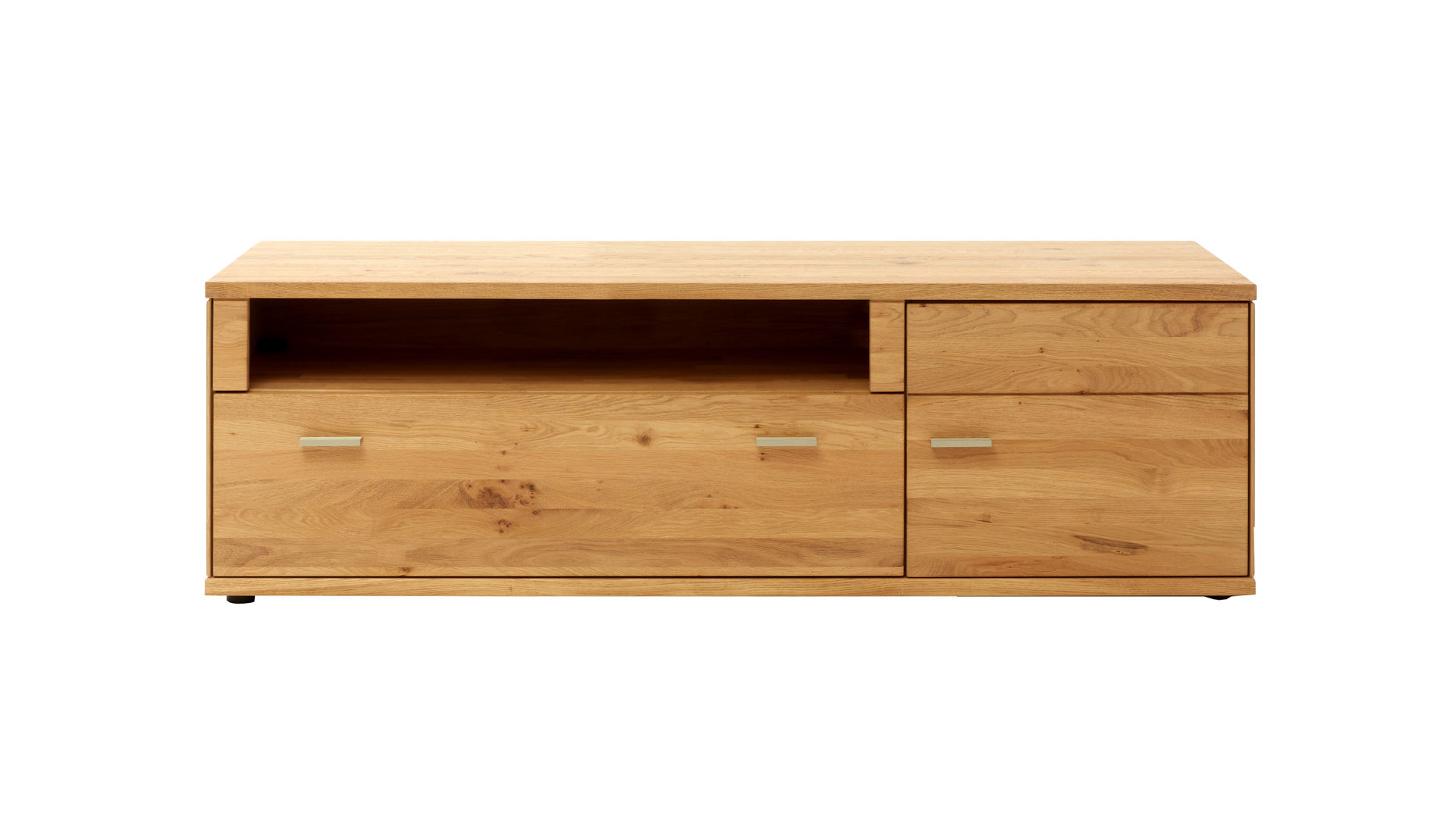 Lowboard Decker aus Holz in Holzfarben Lowboard als TV-Möbel biancofarbene Wildeiche – zwei Schubladen, eine Nische