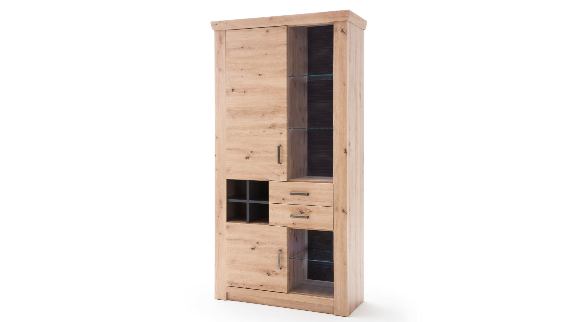 Vitrine Mca furniture aus Holz in Holzfarben Vitrine balkeneiche- & anthrazitfarbene Kunststoffoberflächen – zwei Türen, zwei Schubladen