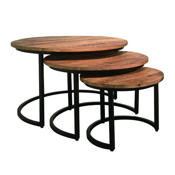 3-Satz-Tisch Nijwie furniture aus Holz in Holzfarben Couchtisch-Set Mimi Mangoholz & schwarzes Eisen – dreiteilig