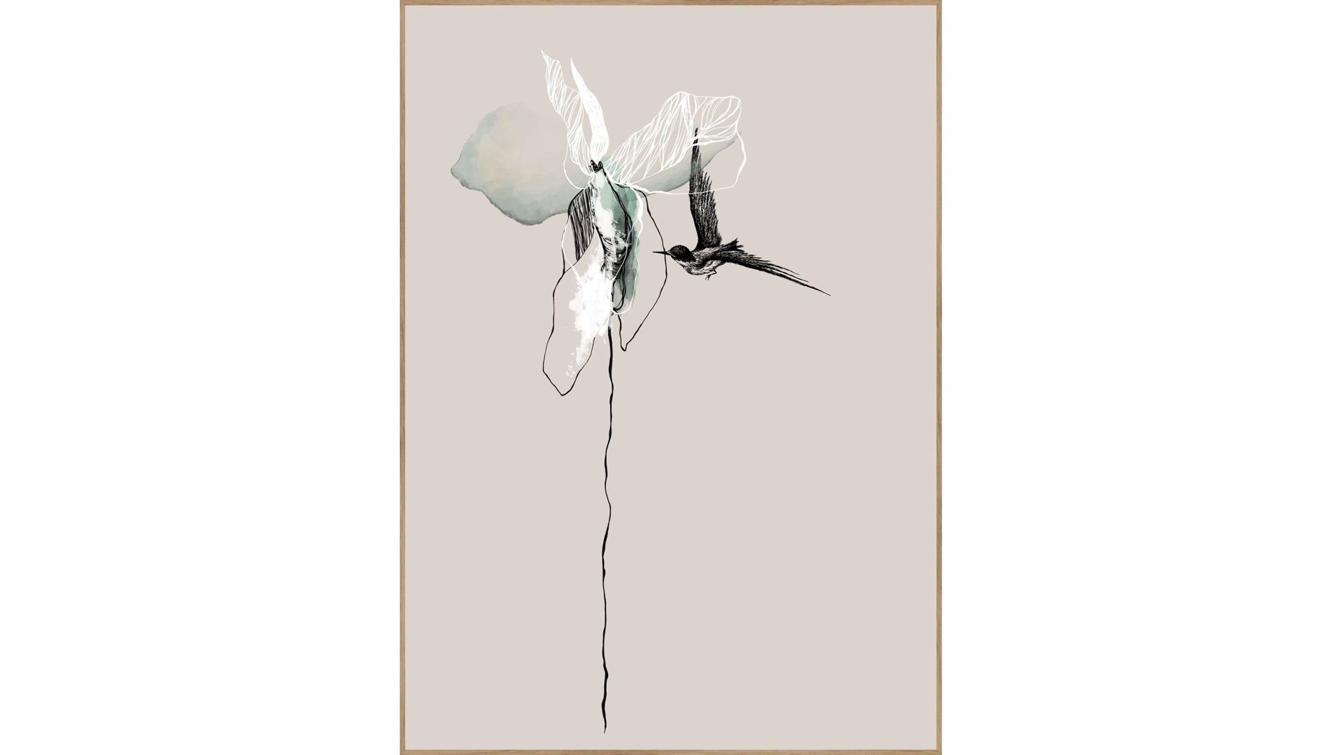 Kunstdruck Malerifabrikken aus Karton / Papier / Pappe in Weiß Posterboard Flower mit Rahmen Motiv Blume mit Vogel & Eichenholzrahmen – ca. 30 x 40 cm