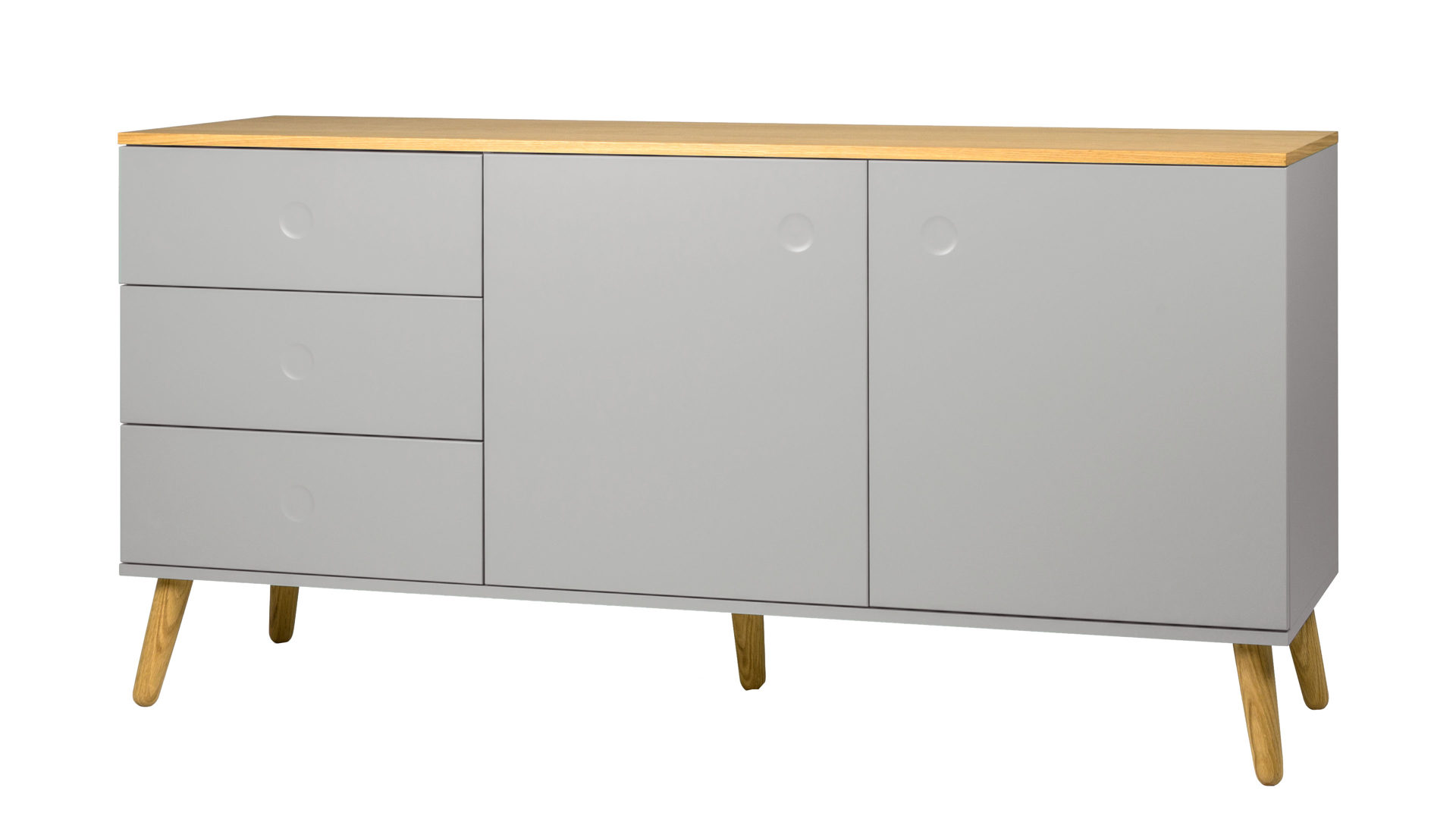 Sideboard Tenzo aus Holz in Grau Sideboard graue Lackfronten & Eichefurnier – drei Schubladen, zwei Türen