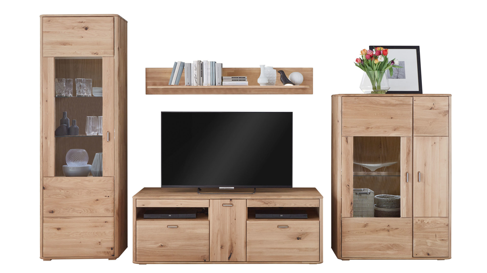Wohnwand Mca furniture aus Holz in Holzfarben Wohnkombination biancofarbene Balkeneiche – vierteilig, Breite ca. 339 cm