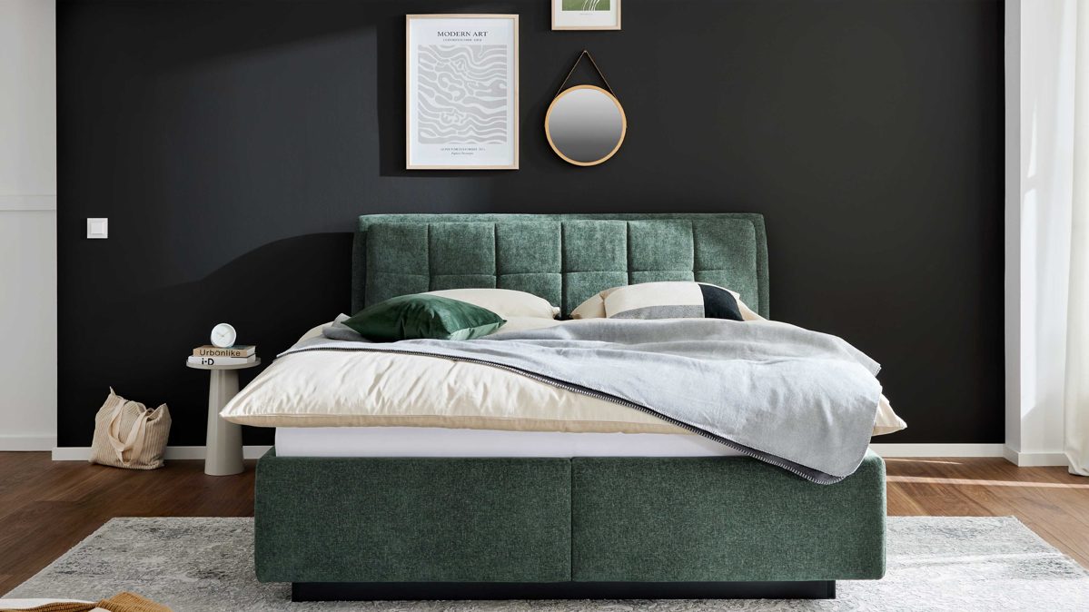 Polsterbett Interliving aus Stoff in Grün Interliving Bettensystem Serie 1420 - Polsterbett moosgrüne Chenille Toni - Liegefläche ca. 180 x 200 cm