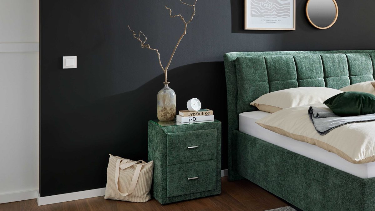 Nachtkommode Interliving aus Stoff in Grün Interliving Bettensystem Serie 1420 - Nachtkommode moosgrüne Chenille Toni - zwei Schubladen, Breite ca. 48 cm