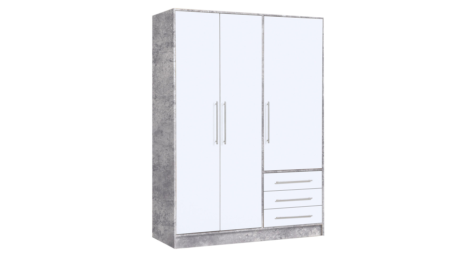 Kleiderschrank Forte® aus Holz in Grau Kleiderschrank Jupiter Beton Lichtgrau & Weiß – Breite ca. 145 cm, drei Türen, drei Schubladen