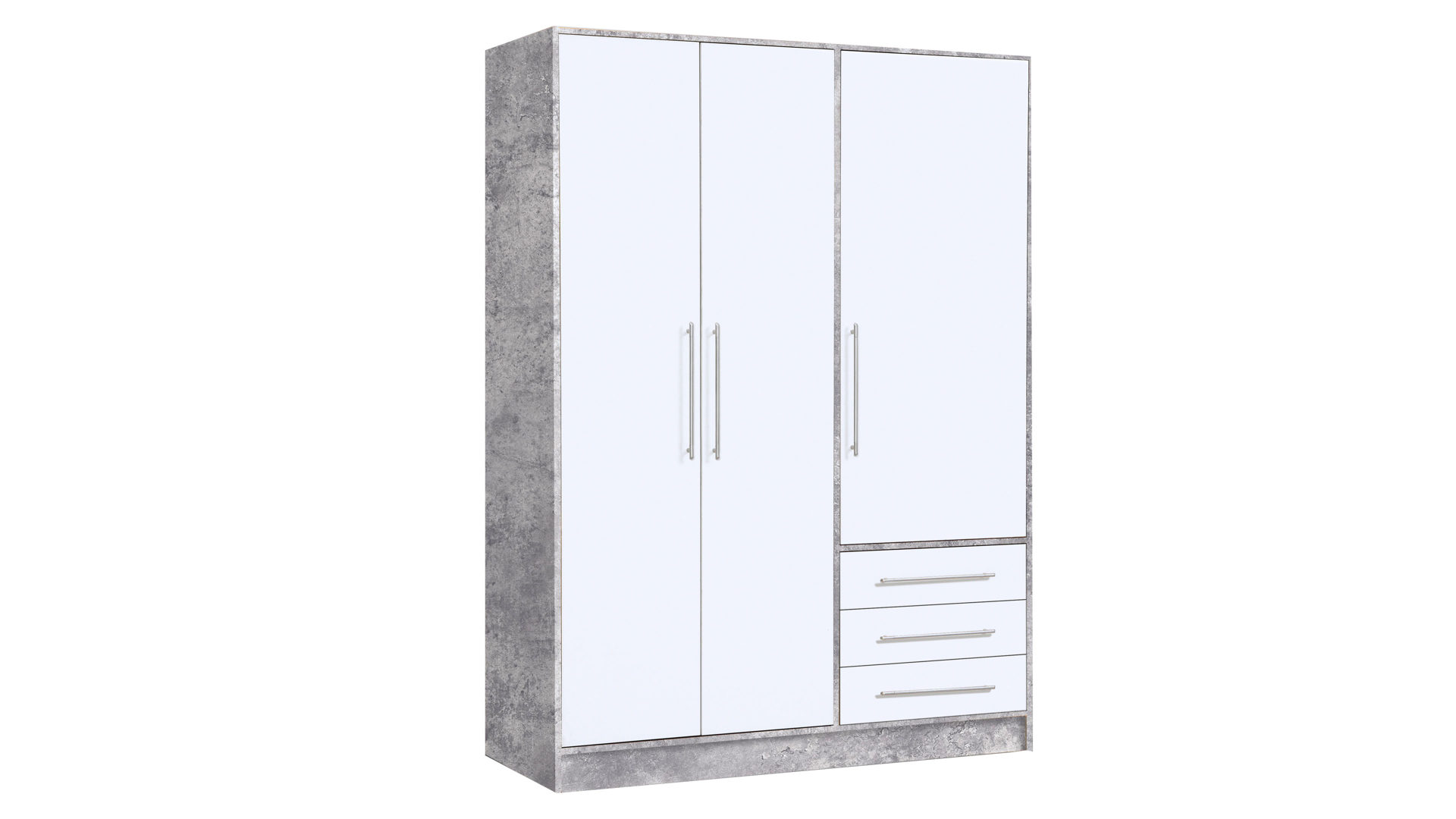 Kleiderschrank Forte aus Holz in Grau Kleiderschrank Jupiter Beton Lichtgrau & Weiß – drei Türen, drei Schubladen