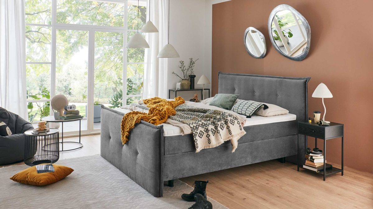 Boxspringbett KAWOO aus Stoff in Anthrazit KAWOO Boxspringbett Lotus anthrazitfarbener Bezug Monza 19 - Liegefläche ca. 180 x 200 cm