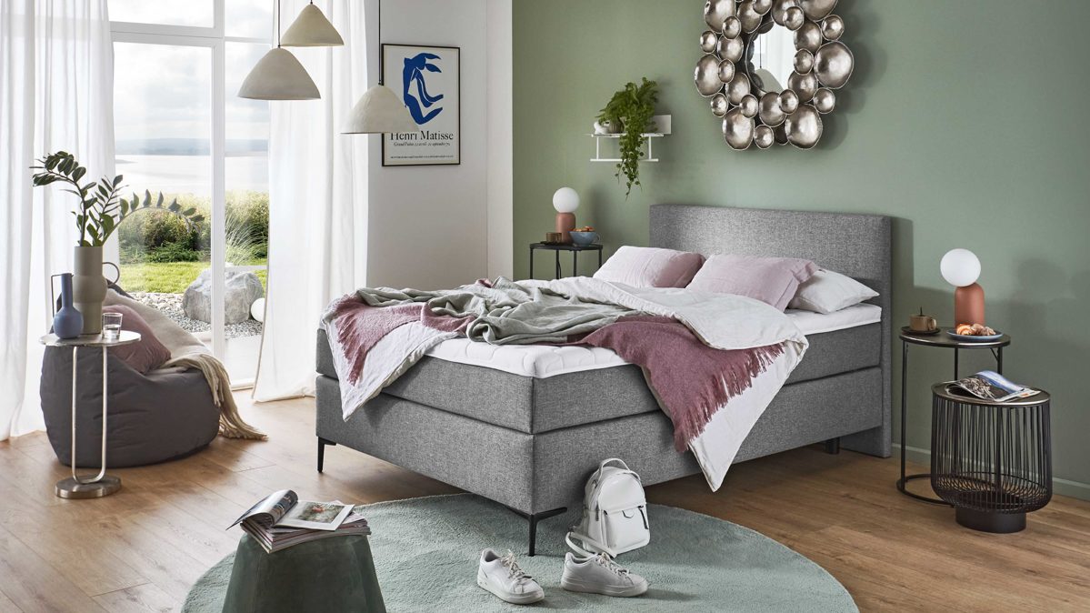 Boxspringbett KAWOO aus Stoff in Grau KAWOO Boxspringbett Facile grauer Bezug Hervik 11 - Liegefläche ca. 140 x 200 cm