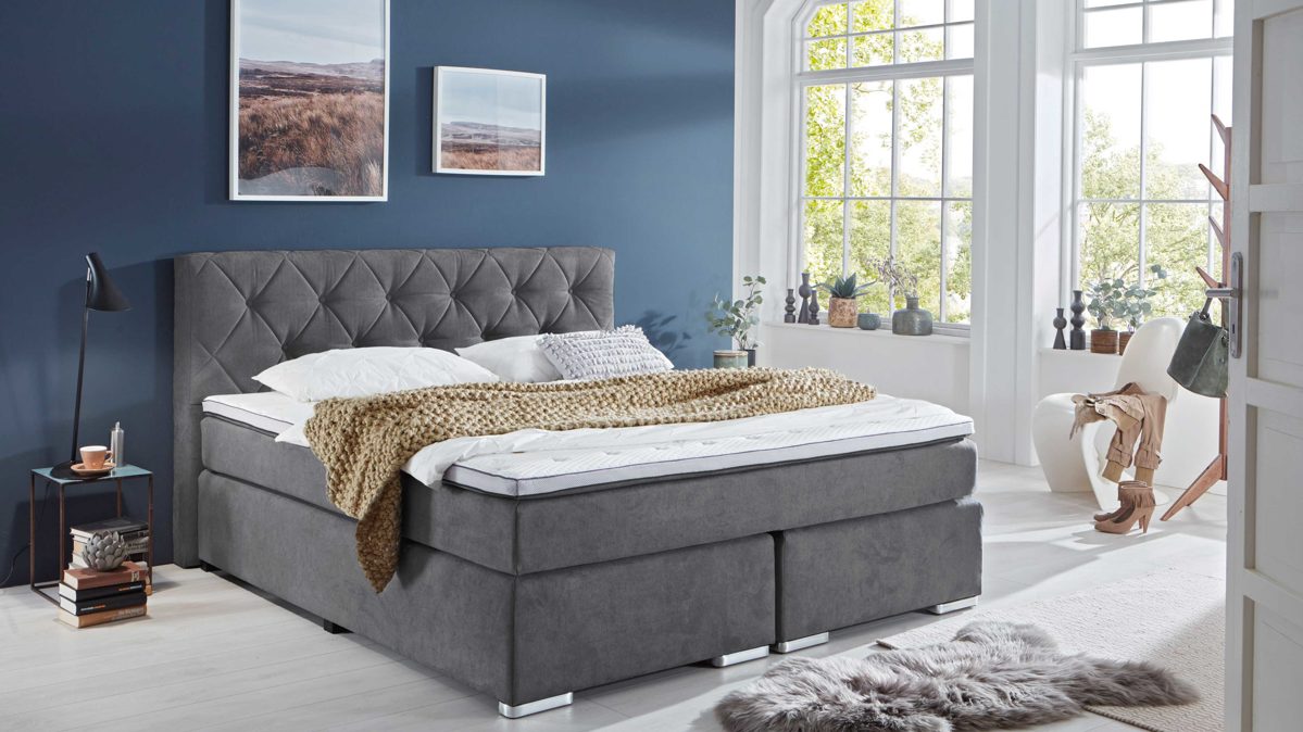 Boxspringbett KAWOO aus Stoff in Anthrazit KAWOO Boxspringbett Baker anthrazitfarbener Bezug 50470-710 – Liegefläche ca. 180 x 200 cm
