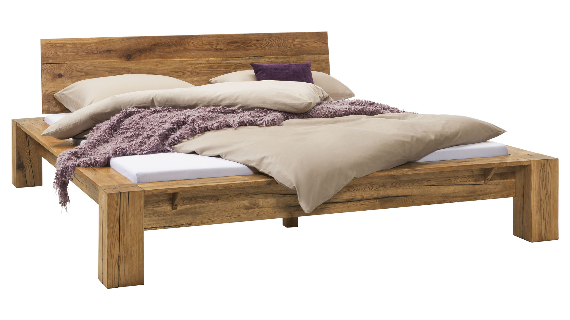 Doppelbett Neue modular aus Holz in Holzfarben Massivholzmöbel bzw. Bettgestell natur geölte, massive Sumpfeiche – Liegefläche ca. 180 x 200 cm