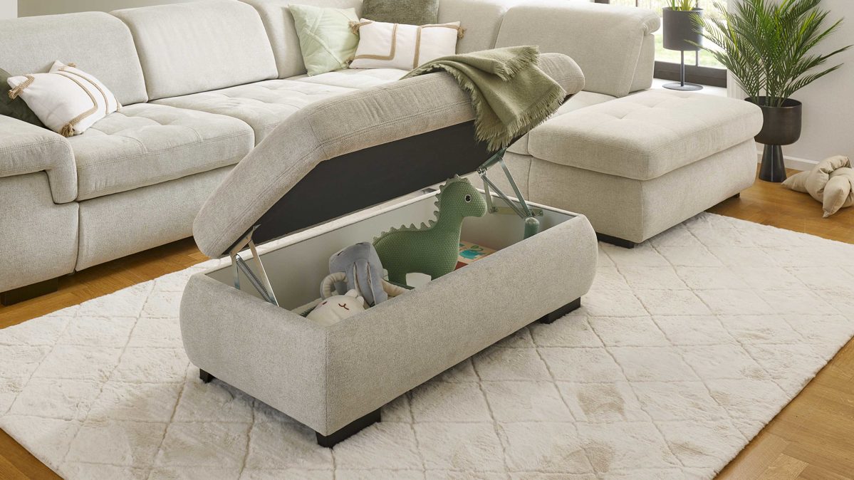 Funktionshocker modulmaster aus Stoff in Weiß Modulmaster MM-MP1061 - XXL-Funktionshocker ecrufarbenes Flachgewebe Cyber & schwarze Metallfüße - ca. 129 x 64 cm