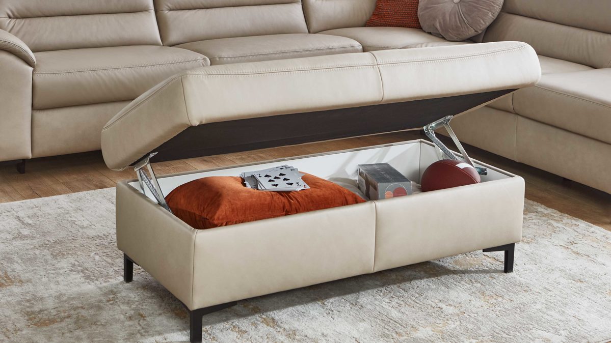 Funktionshocker modulmaster aus Leder in Beige Modulmaster MM-PN1102 - XXL-Funktionsocker perlfarbenes Leder Torro & schwarze Metallfüße - ca. 130 x 65 cm