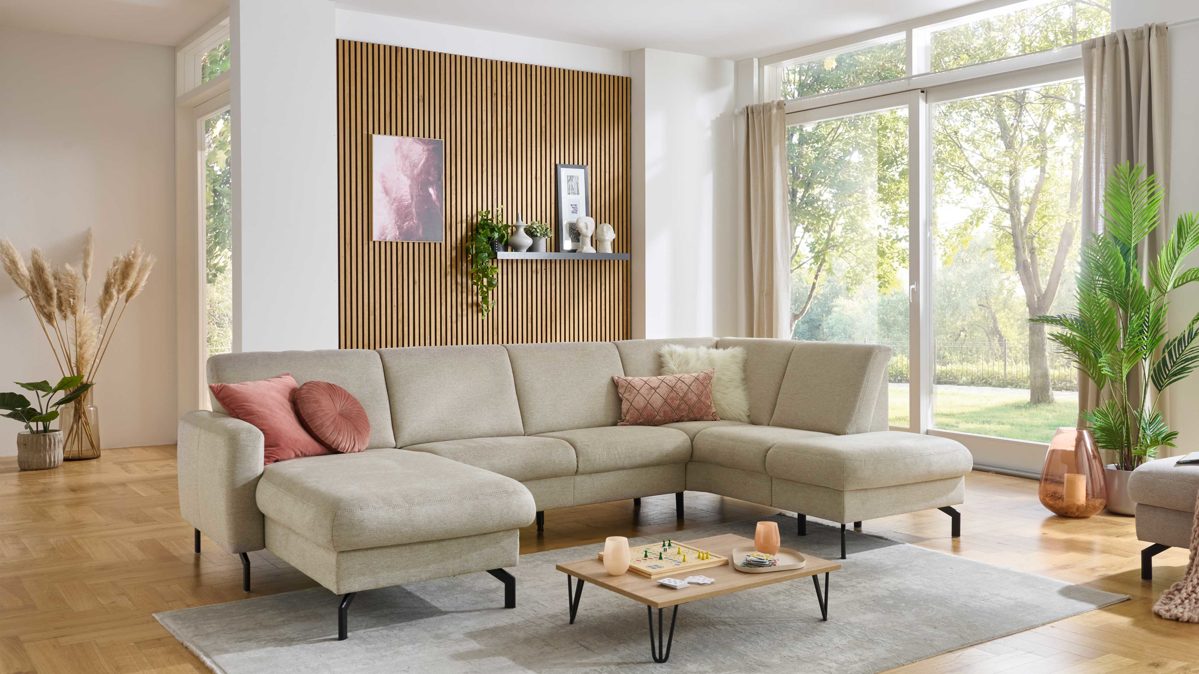 Ecksofa modulmaster aus Stoff in Beige Modulmaster MM-PP11219 - Ecksofa beiger Stoffbezug Asina & schwarze Metallfüße - Stellfläche ca. 170 x 307 cm