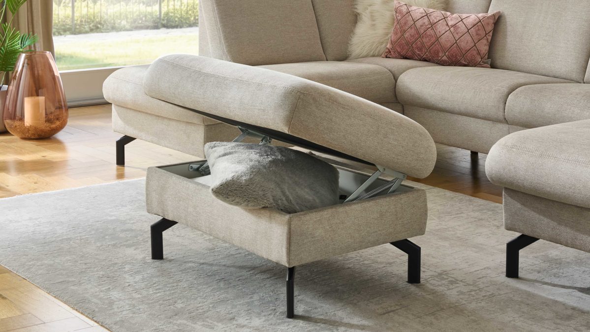 Funktionshocker modulmaster aus Stoff in Beige Modulmaster MM-PP11219 - XL-Funktionhocker beiger Stoffbezug Asina & schwarze Metallfüße - ca. 89 x 61 cm