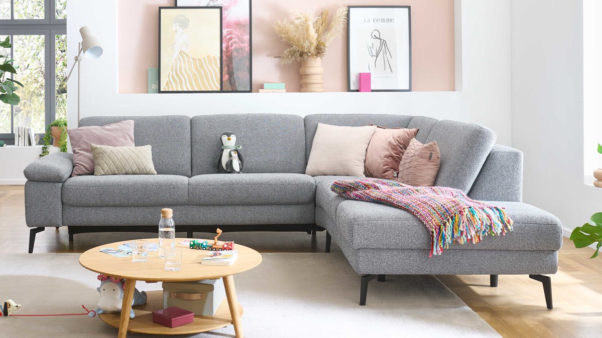 Ecksofa modulmaster aus Stoff in Grau Modulmaster MM-ZE1200 - Ecksofa grauer Bezug Beat & schwarze Metallfüße - Stellfläche ca. 285 x 230 cm