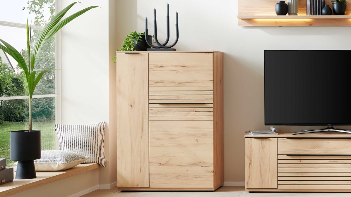Highboard Interliving aus Holz in Holzfarben Interliving Wohnzimmer Serie 2032 - Highboard Risseiche - zwei Türen, Breite ca. 90 cm