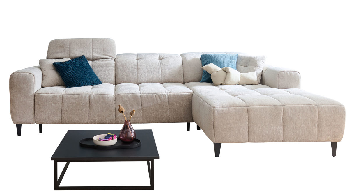 Ecksofa Matex aus Stoff in Hellgrau Funktions-Ecksofa silbergrauer Bezug & schwarze Metallfüße - Liegefläche ca. 243 x 85 cm
